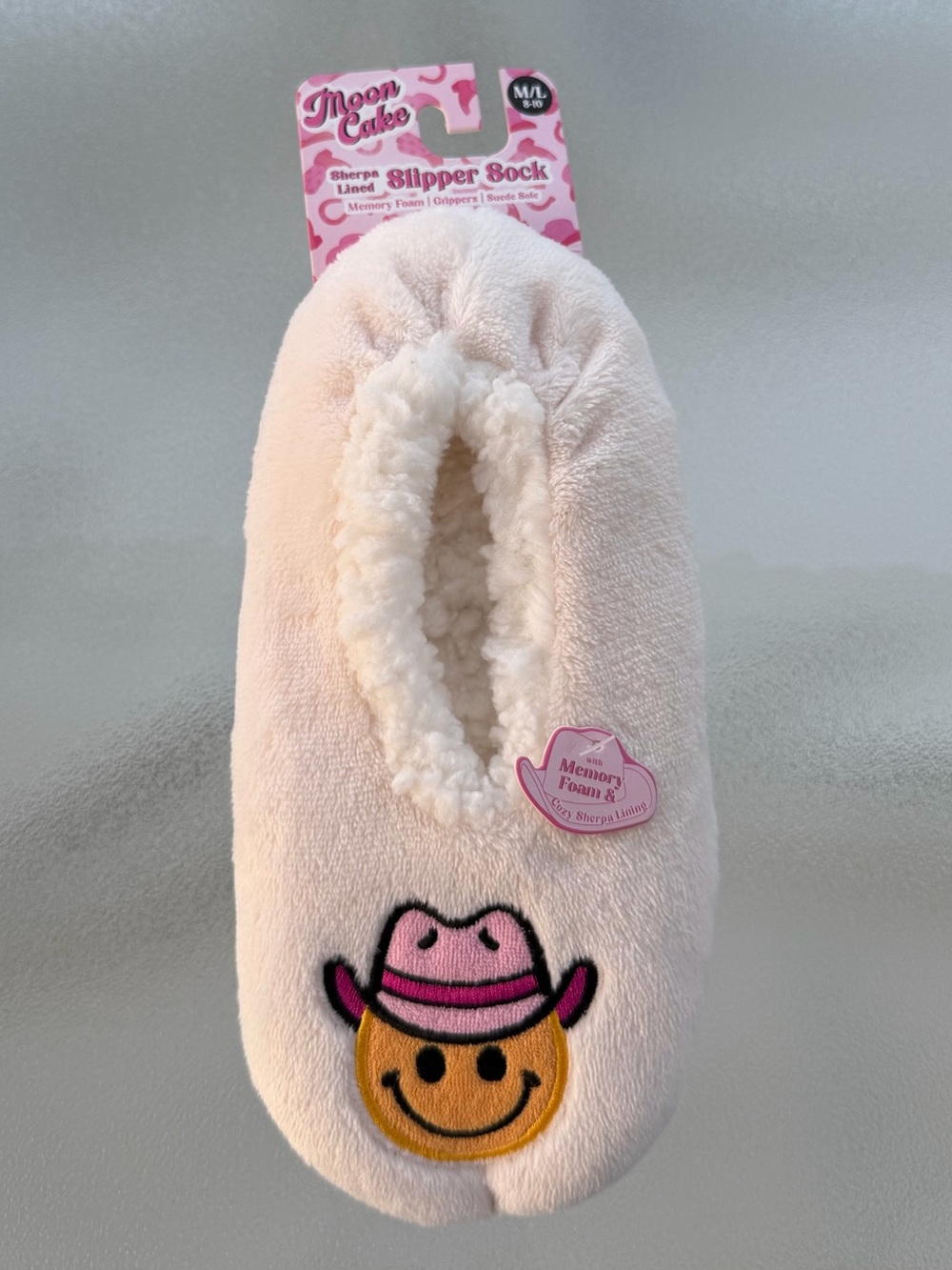 Moon Cake Smiley Face Western-Themed Fuzzy Slipper Socks ~ Women’s M/L (8-10)
